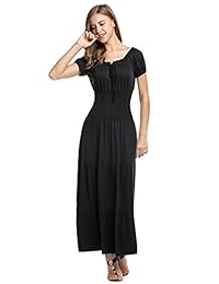 dozenla mujeres vestido de fiesta Vintage Túnica de manga corta volantes elástica color sólido Maxi vestidos