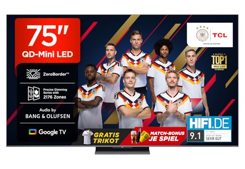 TCL 75Q8C 75 Zoll QD-Mini LED Fernseher, 4K HDR Premium 4500, ZeroBorder™, Smart Google TV, CrystGlow WHVA Panel, Audio von Bang & Olufsen, 144Hz Motion Clarity Pro, Dolby Vision IQ & Atmos