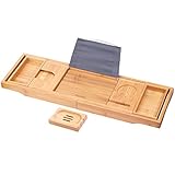HEALIFTY Bathtub Tray - Craft Bamboo Bath Caddy Tray Retractable Bath Bridge Table Storage Rack Shelf Tablet Holder for Bed, Laptop, Reading