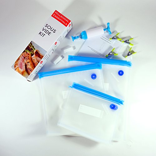 Sous Vide Bags Kit for Anova or Joule Cookers - 18 Reusable Food Vacuum Sealer Bags, 1 Hand Pump, 2 Bag Sealing Clips and 4 Sous Vide Clips - Practical for Food Storage and Cooking BPA Free - Thumbnail 6
