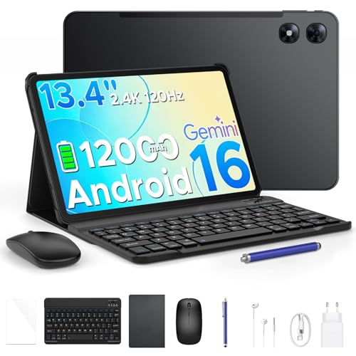 P13PRO Tablet 13.4 Pulgadas, 2.4K 120Hz Display Tablet Android 16 con 48GB RAM+256GB ROM, Gemini AI, T7280 Octa-Core, 16MP + 8MP, 12000mAh, 5G WIFI, 4G LTE, Tablets con Teclado, lapiz, Funda-Negro