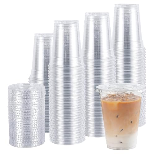 TashiBox 16oz-100 Count Plastic cups with flat lids | Disposable Plastic Ice co…