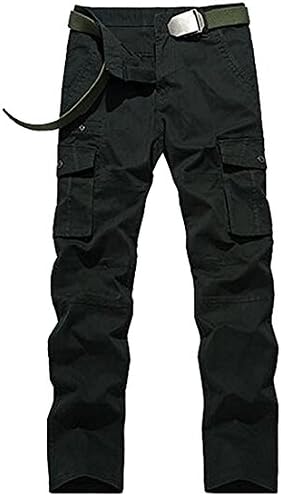 LOKOUO Handsom Men's Casual Solid Color Straight Leg Multi Pocket Pants Hot and Fashion Black36