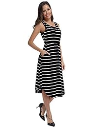 INWECH Vestido de mujer sin mangas, con pliegues, rayas, cintura elástica, casual, manga larga, hasta la rodilla, con bolsillos