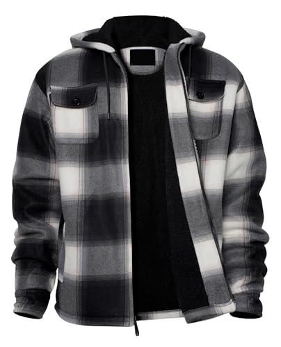 Facitisu Men Flannel Jacket Plain Zip Up Hoodie Winter Warm Jacket with Hood Sherpa Lined Outwear Black Beige 3XL at Amazon
