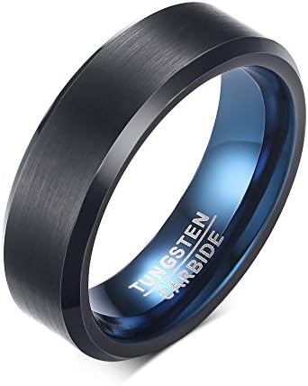 MP 6mm Men's Personalized Black Tungsten Carbide Band Ring Blue Inside Beveled Edges Customized Engraving