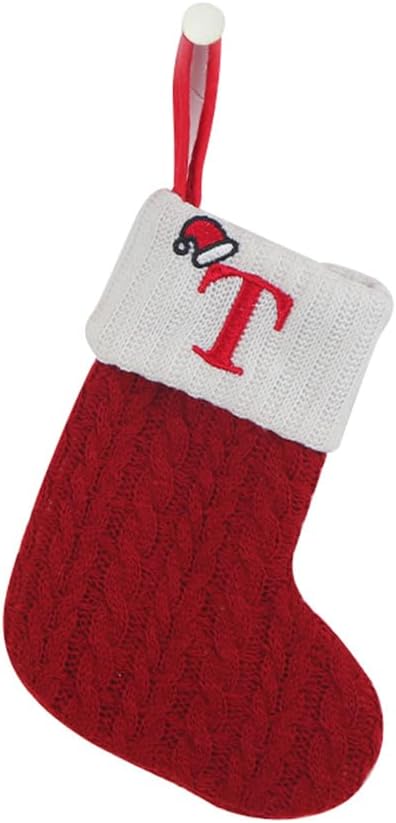 Stockings & Holders - OJCHRLKF 7 Inches Mini Cute Initial Monogram Embroidered Christmas Stocking Knitted Christmas Decorations Stocking Red,White,Green Knit Mini Stocking Christmas Decorations-58-T-Red