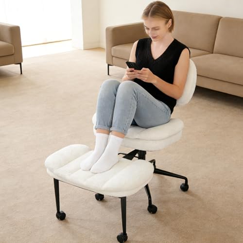 DIDAINT Cross Chair with Wheels, Ergonomic Armchair with Crossed Legs, Wide Seat Faux Sheep Fur, 360° Swivel and Height Adjustable, Ideal for Meditation, Yoga, Office, ADHD