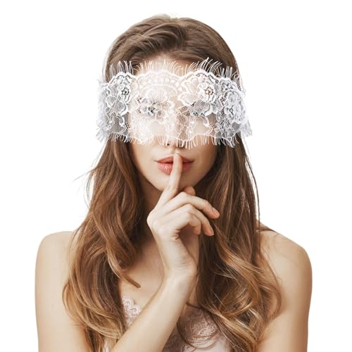 FRESHME Lace Blindfold Sleep Mask - White Flower Embroidery See-Through Blind Fold Adjustable Eyes Covers for Women Couple Bed Night Sleeping Time Gift at Amazon