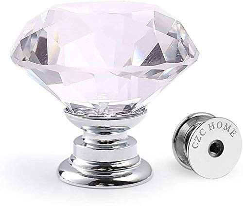CZC HOME 10pcs 30mm Crystal Glass Door Drawer Knobs Diamond Cut Drawer Handles with 3 Sizes Screws for Cupboard Cabinet Wardrobe Home Decorating, Transparent-Silver Base