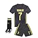 2018-2019 Away C Ronaldo #7 Juventus Kids Or Youth Soccer Jersey & Shorts & Socks Black 7-8Years/Size 22