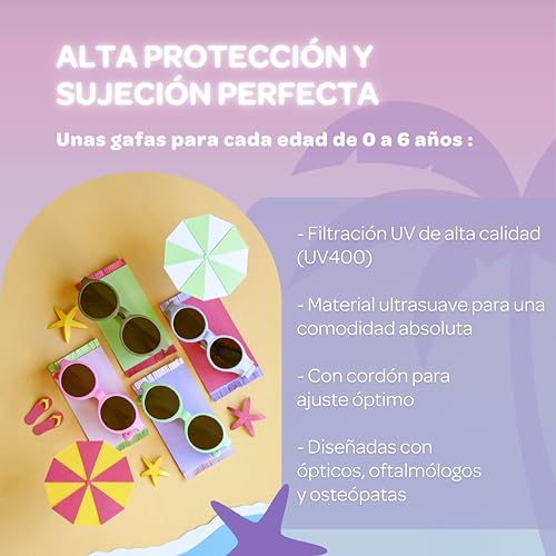 , Gafas de sol para niño 2-4 años, 100% Protección UV - CAT 3, Protección lateral, Confort óptimo, Patillas ajustables 360°, Merry, Azul perla