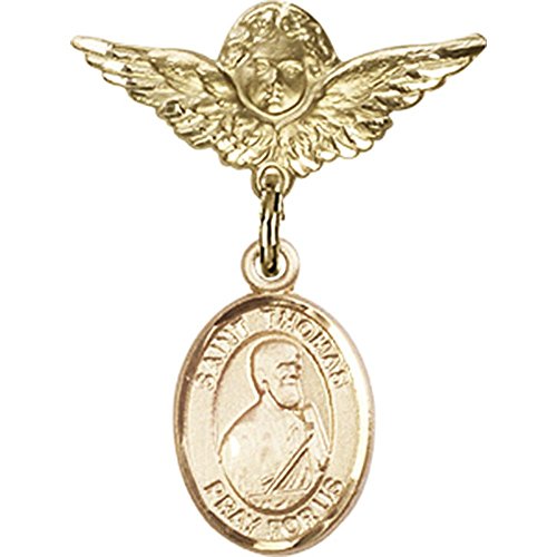14kt Yellow Gold Baby Badge with St. Thomas the Apostle Charm and Angel w/Wings Badge Pin 1 X 3/4 inches