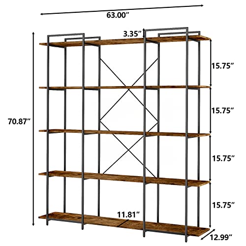 Auromie Triple Wide 5 Tier Bookshelf, 70.8’’ H x 63’’ W Rustic Etagere