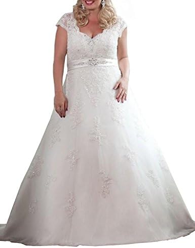 Yunshan Women's V-Neck Plus Size Wedding Dress Beaded Belt Cap-Sleeves Bridal Gown Lace-Up Ivory US2