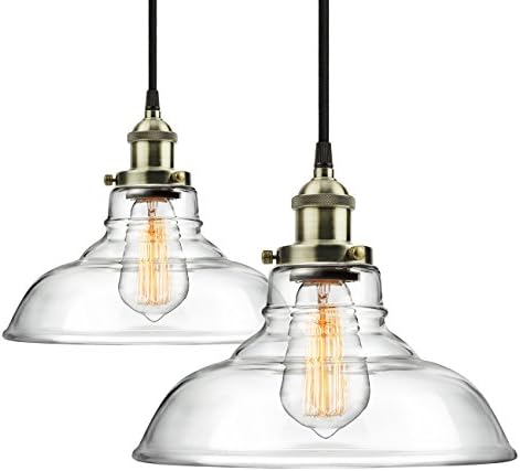 Pro 1-Light Industrial Edison Vintage Hanging Lamp, Height Adjustable Glass Pendant Light, Antique Brass Brushed E26 Socket, Perfect for Kitchen, Dining Room (2Packs)