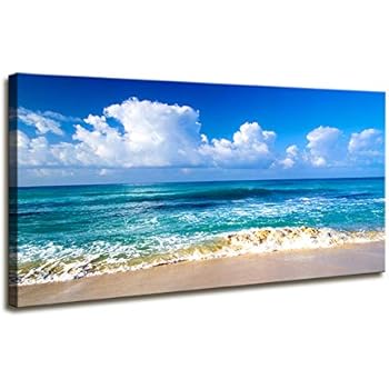 Large Size Blue Beach Theme Modern Stretched and Framed Seascape 1 Panels Giclee Canvas Prints Artwork Landscape Big Framed Canvas Wall Art for Home Decor and Living Room Decorations