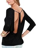 Persun Women Black Long Sleeve Backless Drape T-shirt