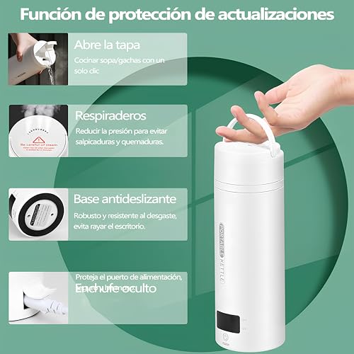 Hervidor de Agua Electrico Portatil,500ML Termo Electrico,Control de Temperatura NTC y Puede Guisar,Adecuado para viajes, oficina, camping, preparación de té y café.