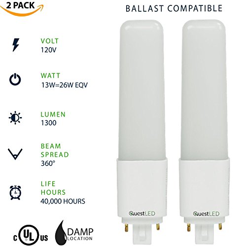 QUEST MANUFACTURING LED G24 4-Pin PL Lamp 13W=(26W Equivalent) Compact Fluorescent Lamp Replacement; Non Dimmable; 40,000 Life Hours; Ballast Compatible; 1300 Lumens; 120V (Cool-White 4000K) 2 PACK