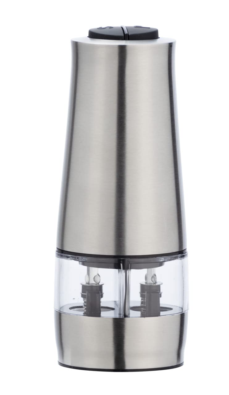WENKO Electric mill with light 2in1 stainless steel - Salt and pepper mill with light, Stainless steel, 7 x 17.5 x 6 cm, Silver matt