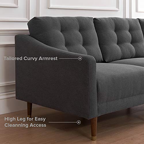 Mopio Savannah Futon Sofa Mid-Century Modern Couch, Fabric Upholstered Sofa with Tufted Back and Tapered Gold Caps Legs, 81.5" W, 3 Seater Sofa Suit for Living Room, Dark Gray