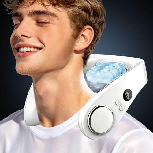 Kouric Neck Fan with Cooling, Neck Fans Extra Quiet (35 dB) 24 Hours USB-C 5500 mAh, 5 Levels & LED Display, Rotorless Fan for Hanging for Women/Men/Children/Outdoor/Indoor