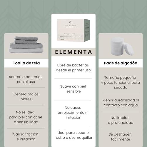 Elementa Toallas Faciales Secas Extra Grandes Desechables (Rostro Limpio y Sin Bacterias), Hipoalergénicas, 100% Biodegradables | Toallitas Desmaquillantes, Skin Care | 1 Paquete con 50 Toallitas.