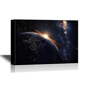 Astronomy Canvas Wall Art - Cinematic and Very Realistic Sunrise Seen from Space - Gallery Wrap Modern Home Art | Ready to Hang - 12x18 inches