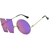 Letter NO Irregular Rimless Sunglasses, Unique Design Metal Frame party Glasses for women men(F,Purple)