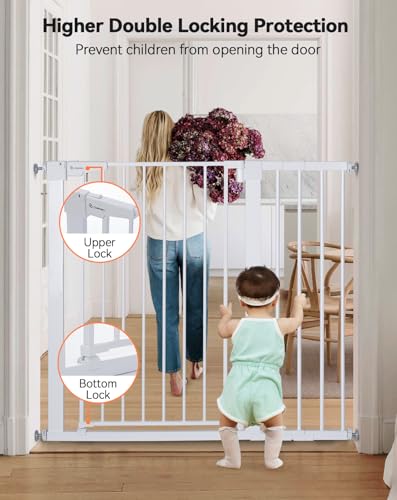 COMOMY Dog Gate, 91.5 cm Extra Tall, 75-110 cm Large Width Baby Safety Gate Automatic Closing, Durable Child Safety Barrier for Stairs, Pressure Mounted, White