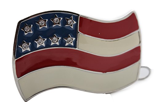 TFJ Men's Women's Fashion Belt Buckle Silver Metal USA American Flag Red Blue White