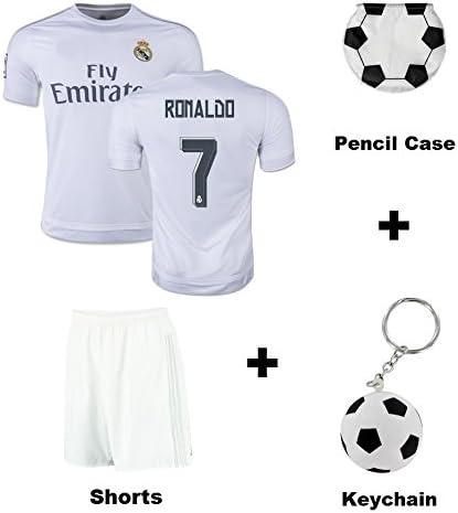 Real Madrid Home / Away / Third Kids Soccer Jersey Ronaldo #7 / Bale #11 Jersey Shorts 4 IN 1 MULTIPLE GIFT Kit Youth Sizes YL YM YS (Youth Medium 8 to 10 Years, Ronaldo #7 Home (White))
