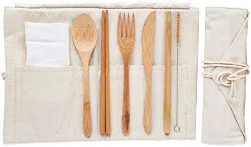 Perennial Bamboo Reusable Travel Utensil Gift Set with Muslin Handkerchief and Smoothie Straw Non Toxic 100% Compostable Recyclable Ergonomic Design