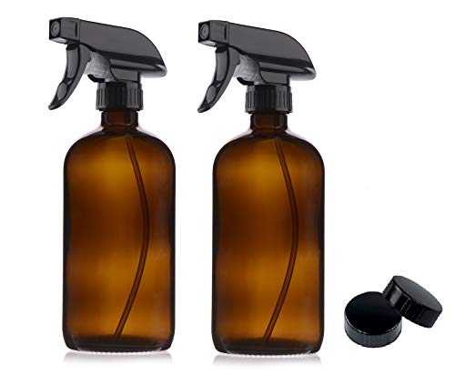 TeiKis 2 Pack Amber Glass Spray Bottles 16oz & Caps - Mist & Stream Sprayer - Boston Round Heavy Duty Bottle - Refillable for Essential Oils, Cleaning, Kitchen, Hair, Perfumes