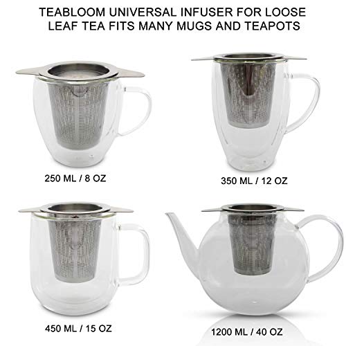 Teabloom Universal Tea Infuser with Coaster Lid - Fits Standard Teapots, Cups, Mugs - Food Grade 8/18 Stainless Steel - Large Capacity with Extra-Fine Mesh