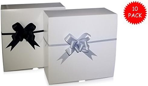 10 Gift Boxes (8 x 8 x 3.5") with 10 Pull Bows (Black and Silver, 3") and Tissue Paper - White Box with Tuck Top Lid - Bulk Gift Wrapping Set for Women, Men, Kids, Birthdays, Wedding Favors
