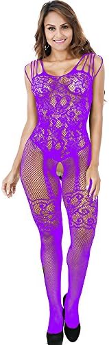 Aomtelove Sexy Women Lace Lingerie Teddy Stretch Fishnet Floral Crotchless Bodystockings Babydoll Open Crotch Tights Bodysuits Purple