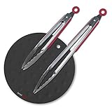 SimpliFine Tongs - Set of 2 Stainless Steel Kitchen Tongs with FREE Pot Holder / Drip Mat - Red