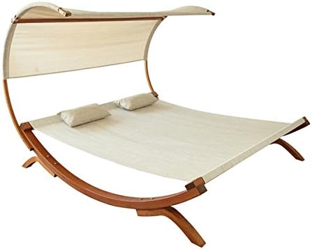 Outdoor Ivory Finish, Hardwood and Durable Synthetic Texteline Sunbed with Canopy And Two Bolster Pillows