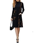 Women's Turtleneck Plaid Knit Midi Dress Long Sleeve Plaid Splicing Fall/Winter Sweater Dress with Pocket