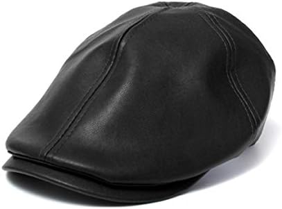 HN Mens Women Vintage Leather Beret Cap Peaked Hat Newsboy Sunscreen (Black)