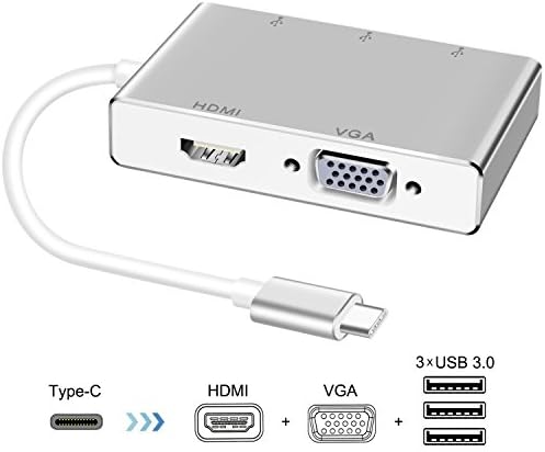 USB C To HDMI VGA 2K 4K Adapter, Type C to HDMI VGA 3 USB3.0 Hub, Portable Converter Adaptor for 2017 MacBook Pro/Samsung Galaxy S8/S8 Plus, Multi-Port Charging &amp; Connecting Adapte-Plug and Play