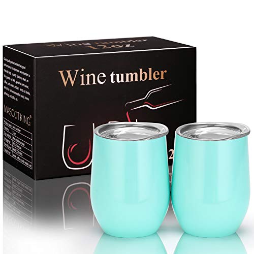 MASCOTKING Wine Glasses Tumbler - 12 oz 2 Pack - Double Wall Vacuum Insulated Cup with Lids for Keeping Wine, Coffee, Drinks - Beverage Warm in Winter - Christmas Present (2PACK 12oz, Light Blue)