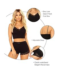 RSLOVE - Pijama de mujer con cuello en V, sin mangas, conjunto de pijamas de encaje suave con pantalón corto