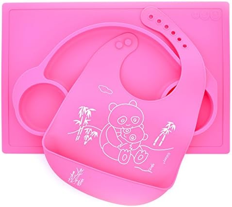 Set Silicone Car Placemat and Matching Mommy and Baby Panda Bib Kids Babies Toddlers Meal Plate (Pink)
