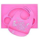 Set Silicone Car Placemat and Matching Mommy and Baby Panda Bib Kids Babies Toddlers Meal Plate (Pink)