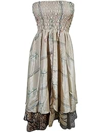 Womens 2 in 1 Sundress Recycled Silk Two Layer Printed Strapless Beach Dress Maxi Skirts
