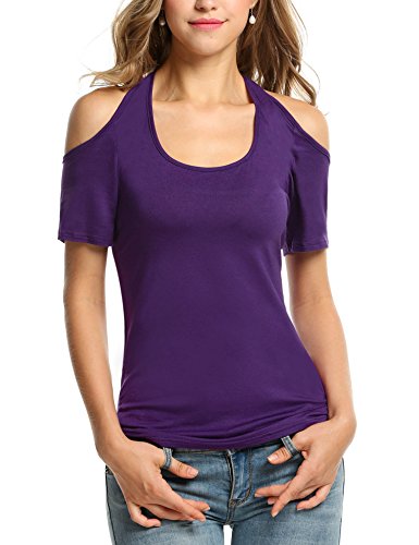 Meaneor Women's Short Sleeve Stunning Halter Cut Out Shoulder Sexy Top (Purple M)
