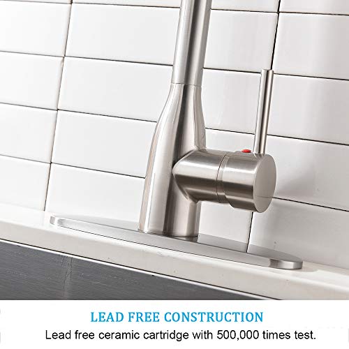 Ufaucet Modern Commercial Lead-free Solid Brass Single Lever Pause Botton Pull Out Sprayer Brushed Nickel Kitchen Faucet, Kitchen Sink Faucet With Deck Plate